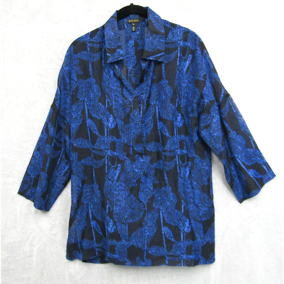 Escada Blouse Top Womens 36 Small Lightweight Nizza Abstract Leaf Print Blue - Picture 1 of 9